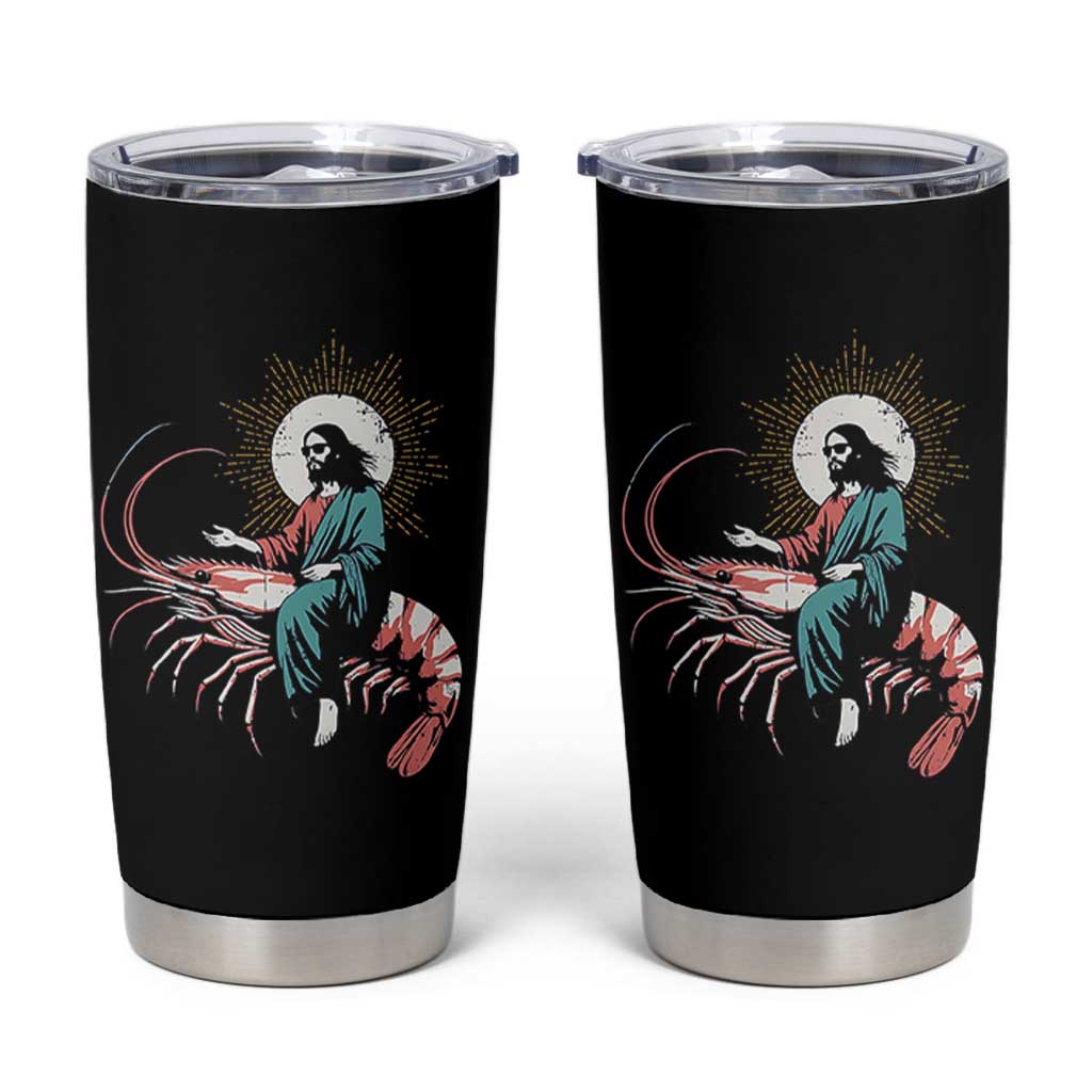 Funny Christian Prawn Tumbler Cup Retro Jesus Riding A Shrimp Meme - Wonder Print Shop