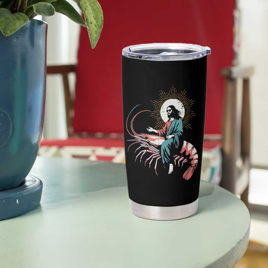 Funny Christian Prawn Tumbler Cup Retro Jesus Riding A Shrimp Meme - Wonder Print Shop