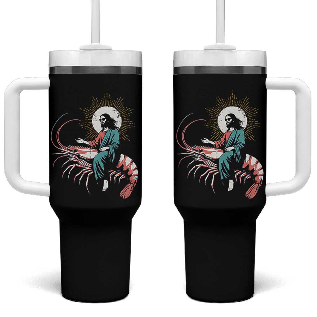 Funny Christian Prawn Tumbler With Handle Retro Jesus Riding A Shrimp Meme - Wonder Print Shop