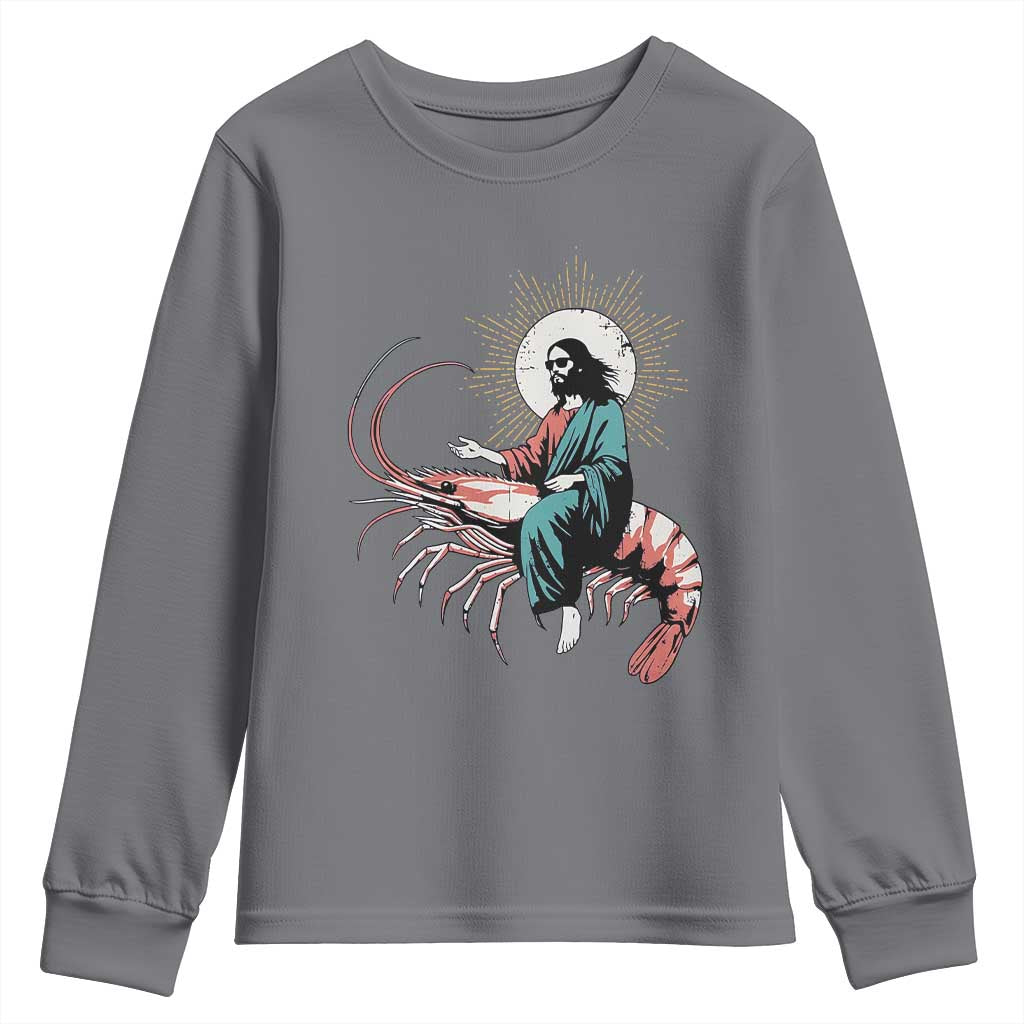 Funny Christian Prawn Youth Sweatshirt Retro Jesus Riding A Shrimp Meme - Wonder Print Shop