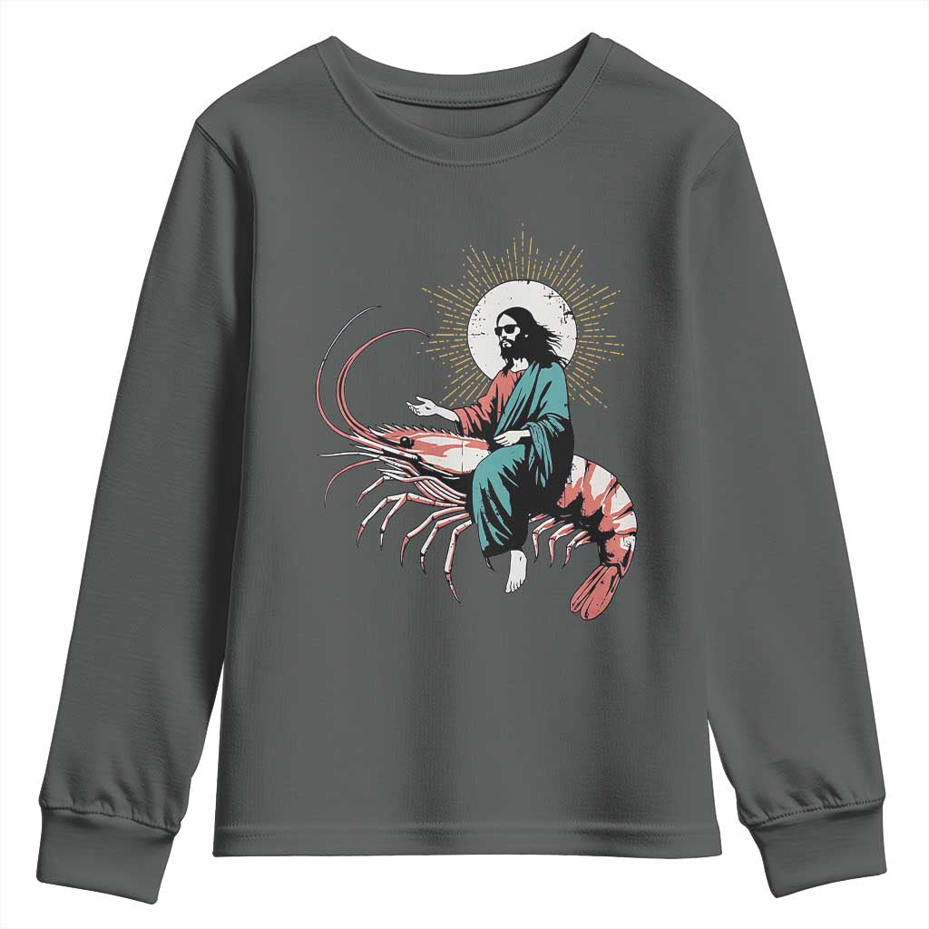 Funny Christian Prawn Youth Sweatshirt Retro Jesus Riding A Shrimp Meme - Wonder Print Shop