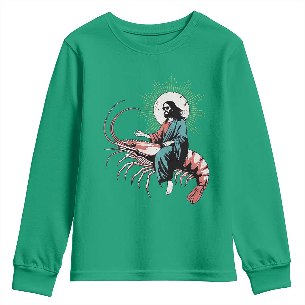 Funny Christian Prawn Youth Sweatshirt Retro Jesus Riding A Shrimp Meme - Wonder Print Shop