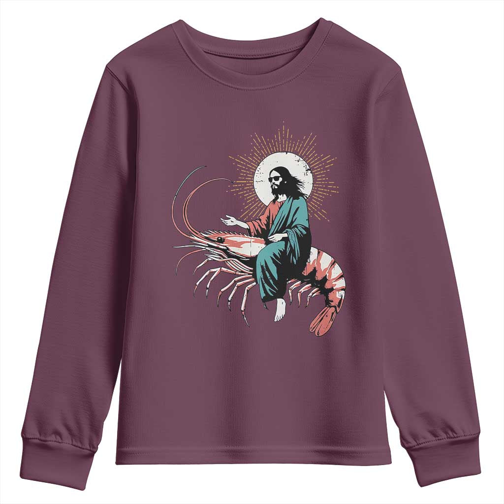 Funny Christian Prawn Youth Sweatshirt Retro Jesus Riding A Shrimp Meme - Wonder Print Shop