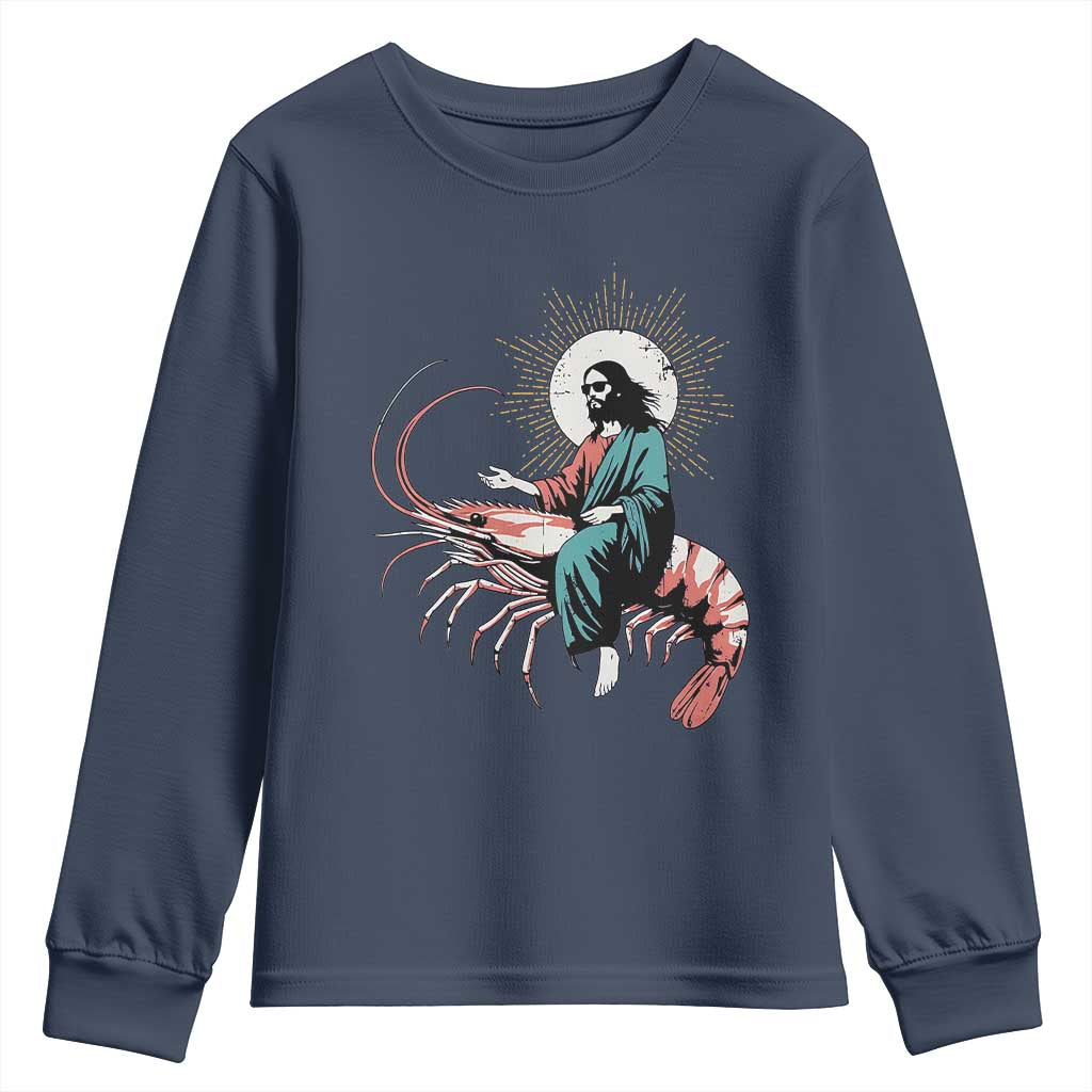 Funny Christian Prawn Youth Sweatshirt Retro Jesus Riding A Shrimp Meme - Wonder Print Shop