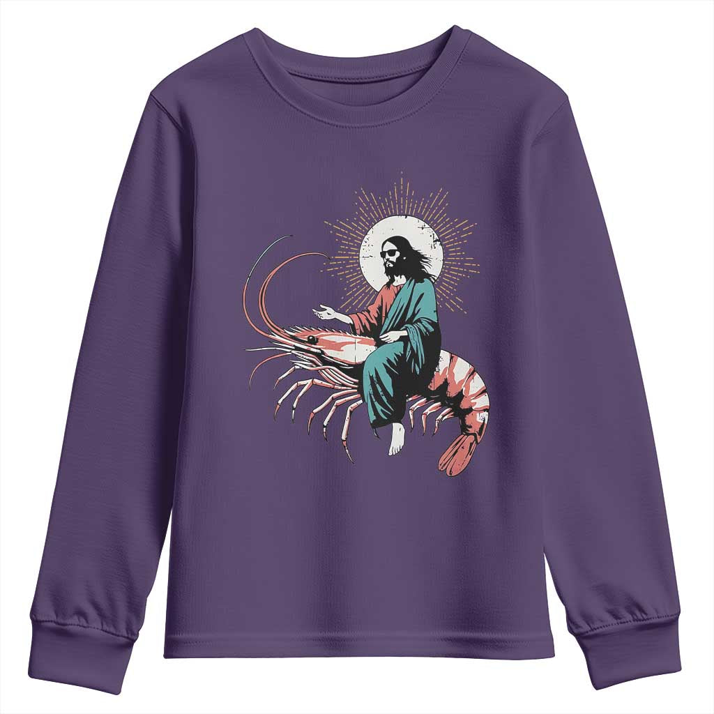 Funny Christian Prawn Youth Sweatshirt Retro Jesus Riding A Shrimp Meme - Wonder Print Shop