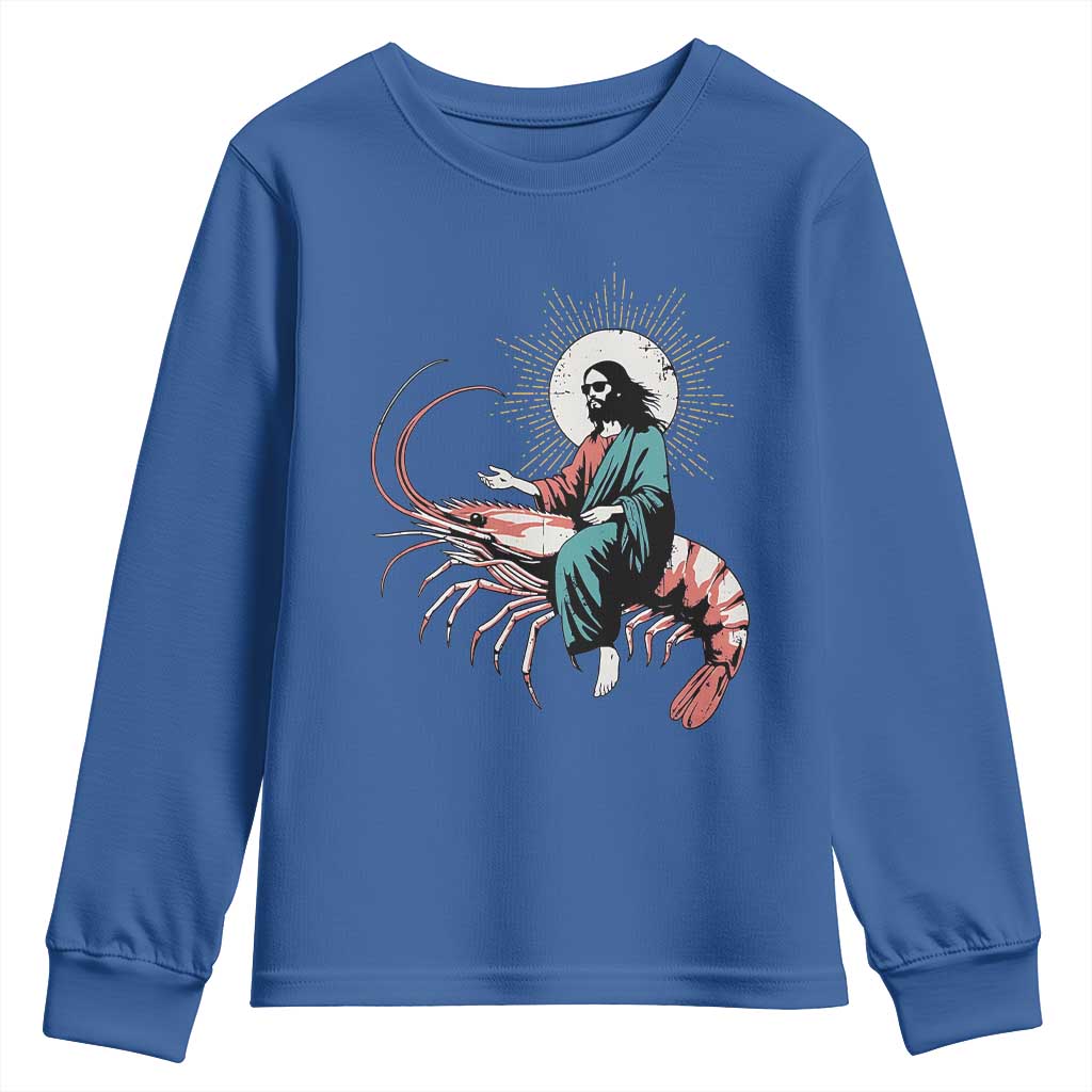 Funny Christian Prawn Youth Sweatshirt Retro Jesus Riding A Shrimp Meme - Wonder Print Shop
