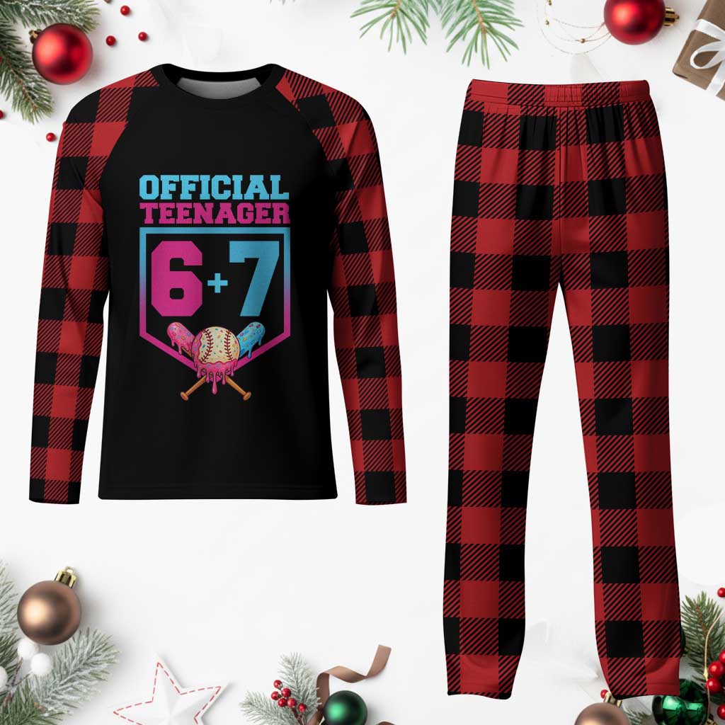 Funny 67 Baseball 13th Birthday Plaid Pajama Set Ice Cream Drip 13th Bday Official Teenager
