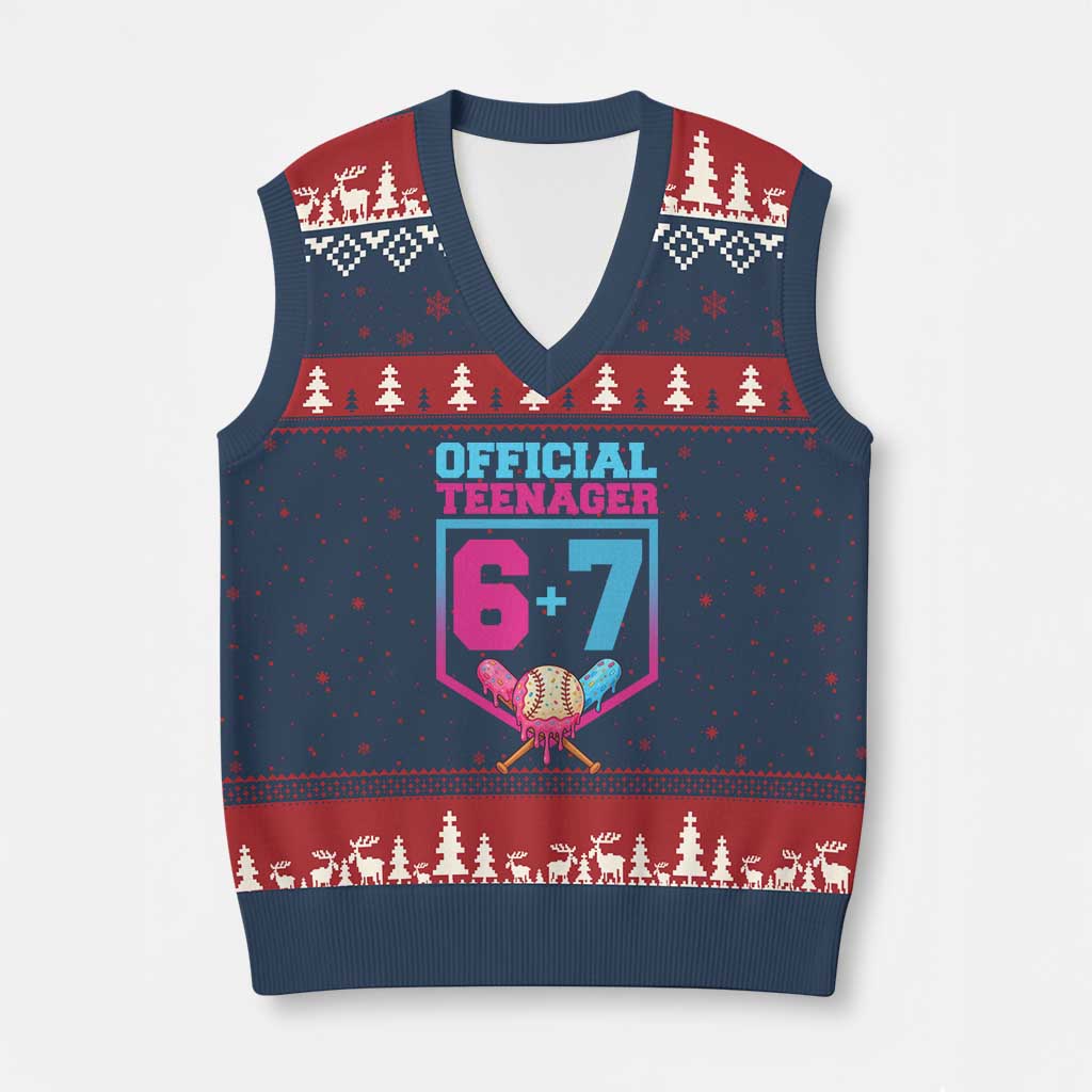 Funny 67 Baseball 13th Birthday V-Neck Knit Sweater Vest Ice Cream Drip 13th Bday Official Teenager