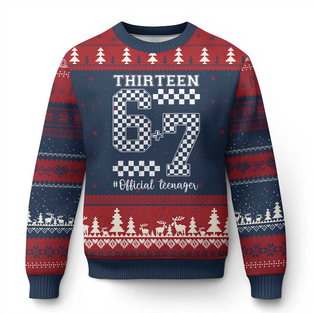 Funny 67 13th Birthday Ugly Christmas Sweater Thirteen Official Teenager Six Seven Meme Groovy Checkered - Wonder Print Shop