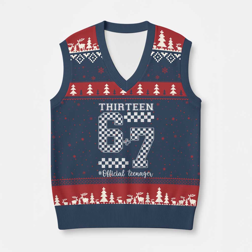 Funny 67 13th Birthday V-Neck Knit Sweater Vest Thirteen Official Teenager Six Seven Meme Groovy Checkered - Wonder Print Shop