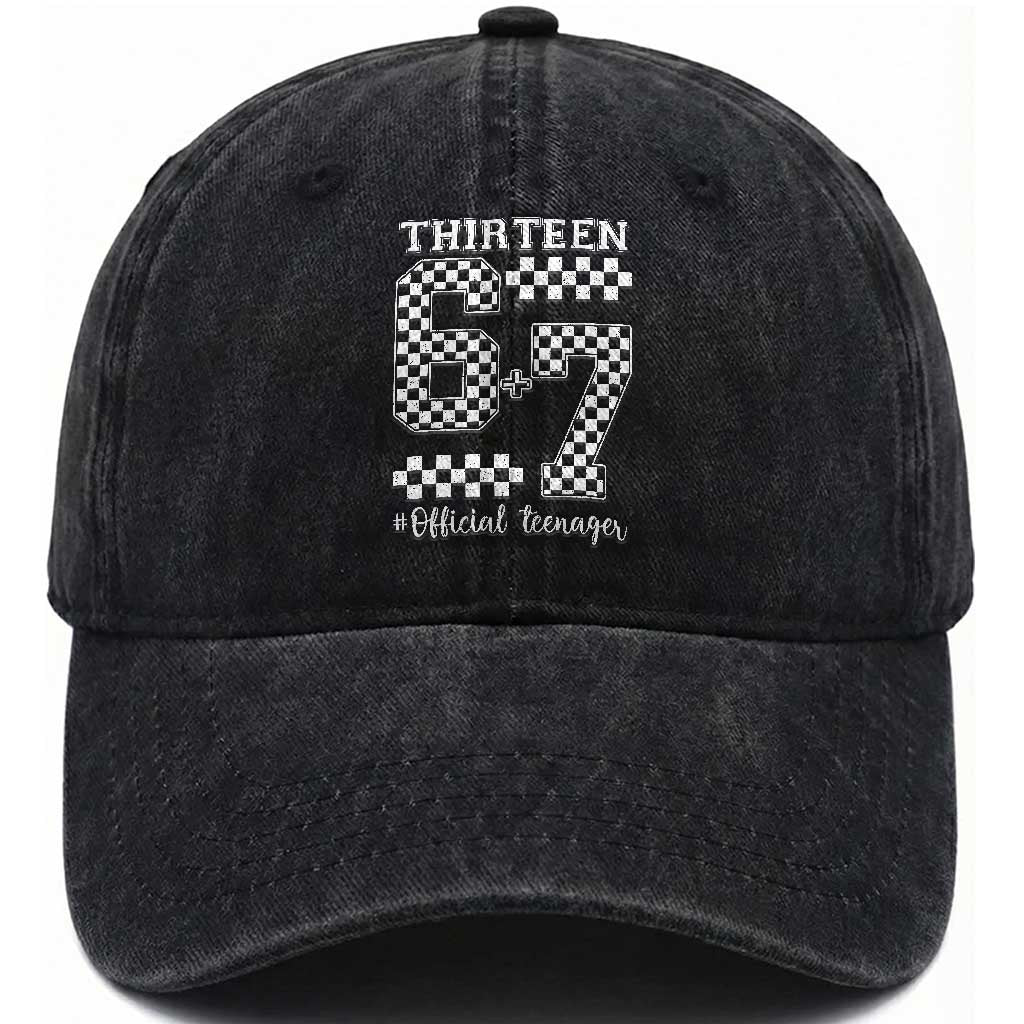 Funny 67 13th Birthday Washed Cotton Baseball Cap Thirteen Official Teenager Six Seven Meme Groovy Checkered