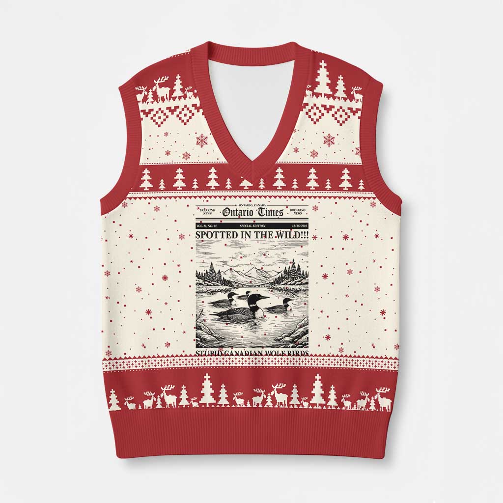 Funny Stupid Canadian Wolf Bird V-Neck Knit Sweater Vest Funny Common Loon Newspaper LGBT Hockey