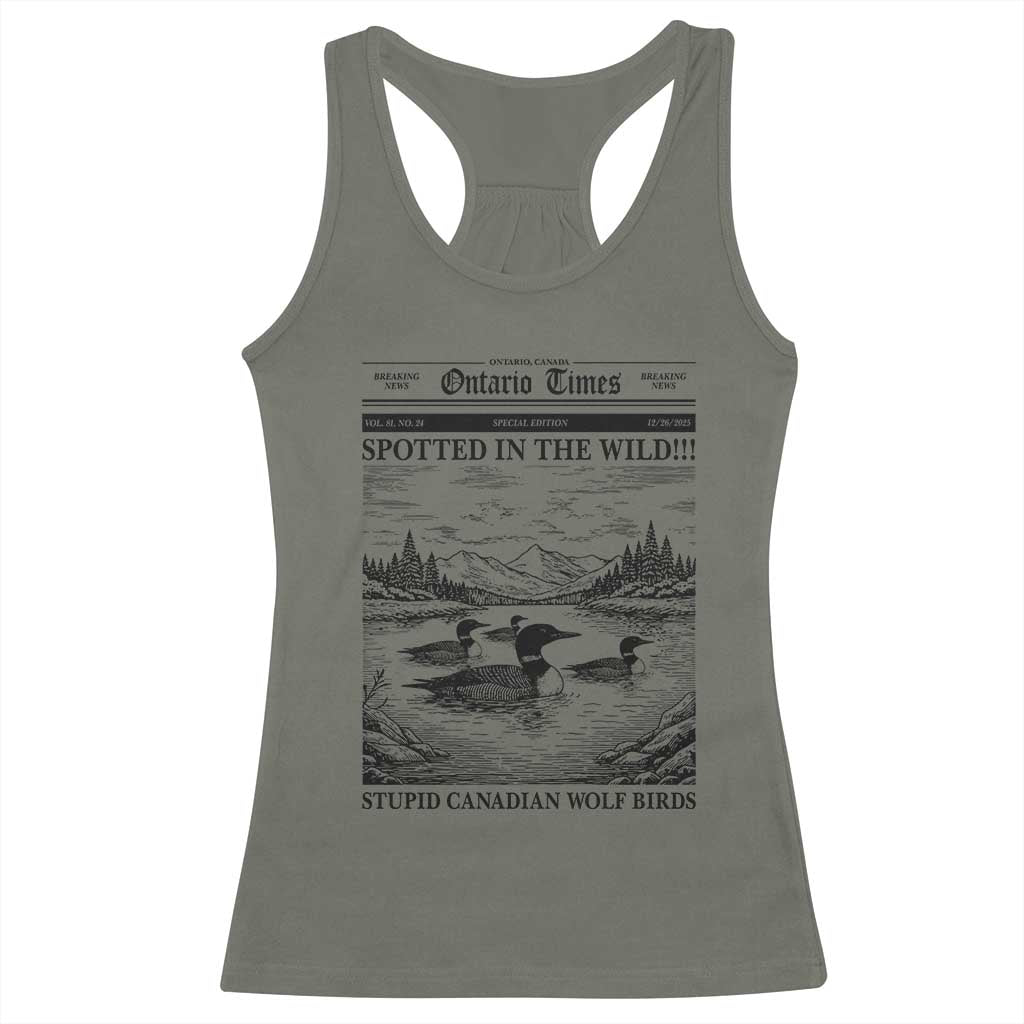 Funny Stupid Canadian Wolf Bird Racerback Tank Top Funny Common Loon Newspaper LGBT Hockey
