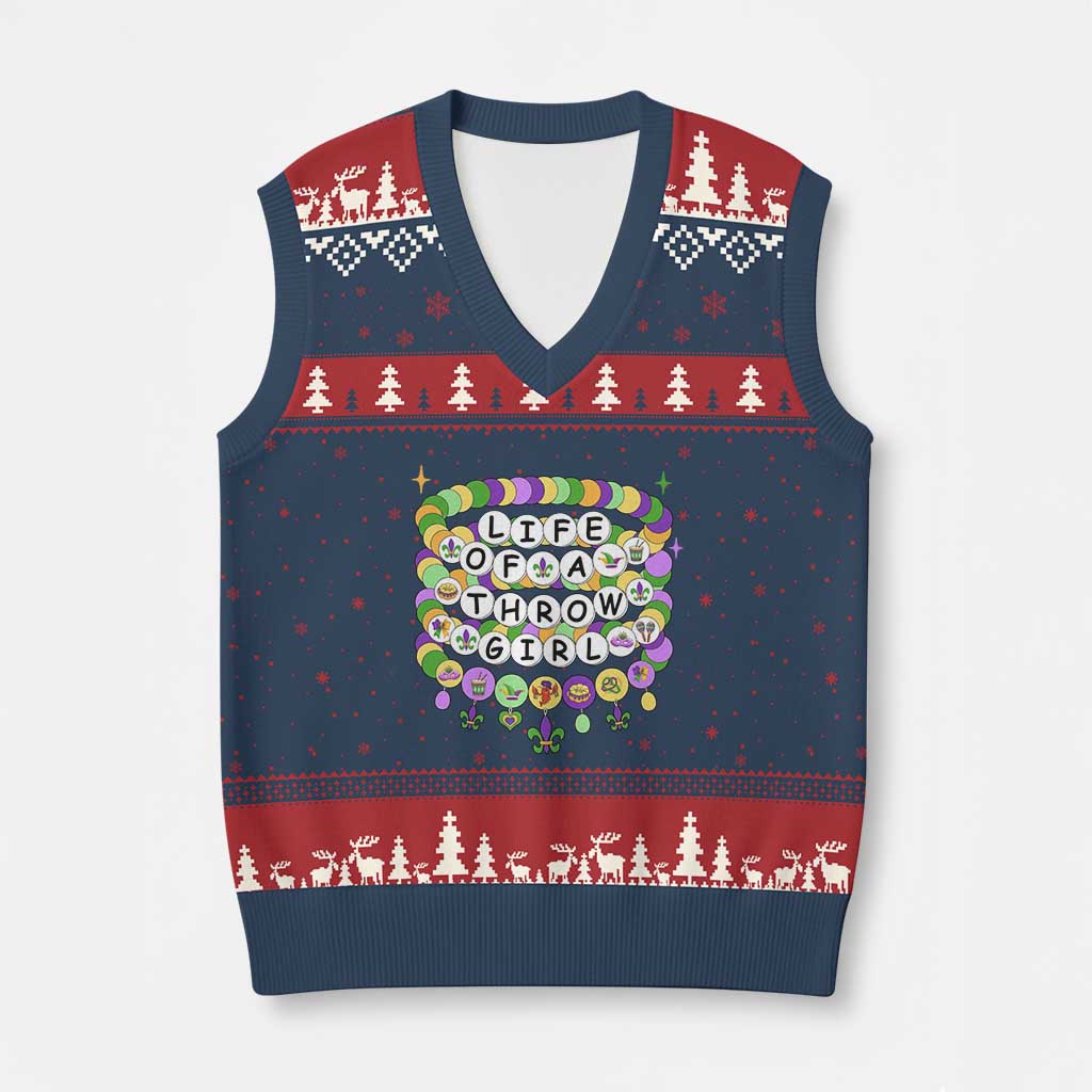 Funny Mardi Gras Throw Girl Life V-Neck Knit Sweater Vest Friendship Bracelet Beads