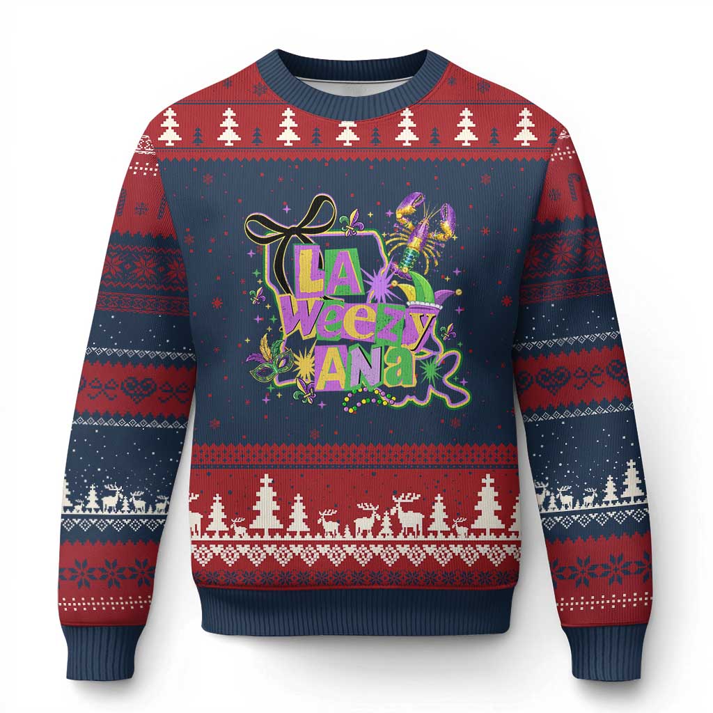 Funny Mardi Gras La Weezy Ana Ugly Christmas Sweater New Orleans Festival Louisiana Map