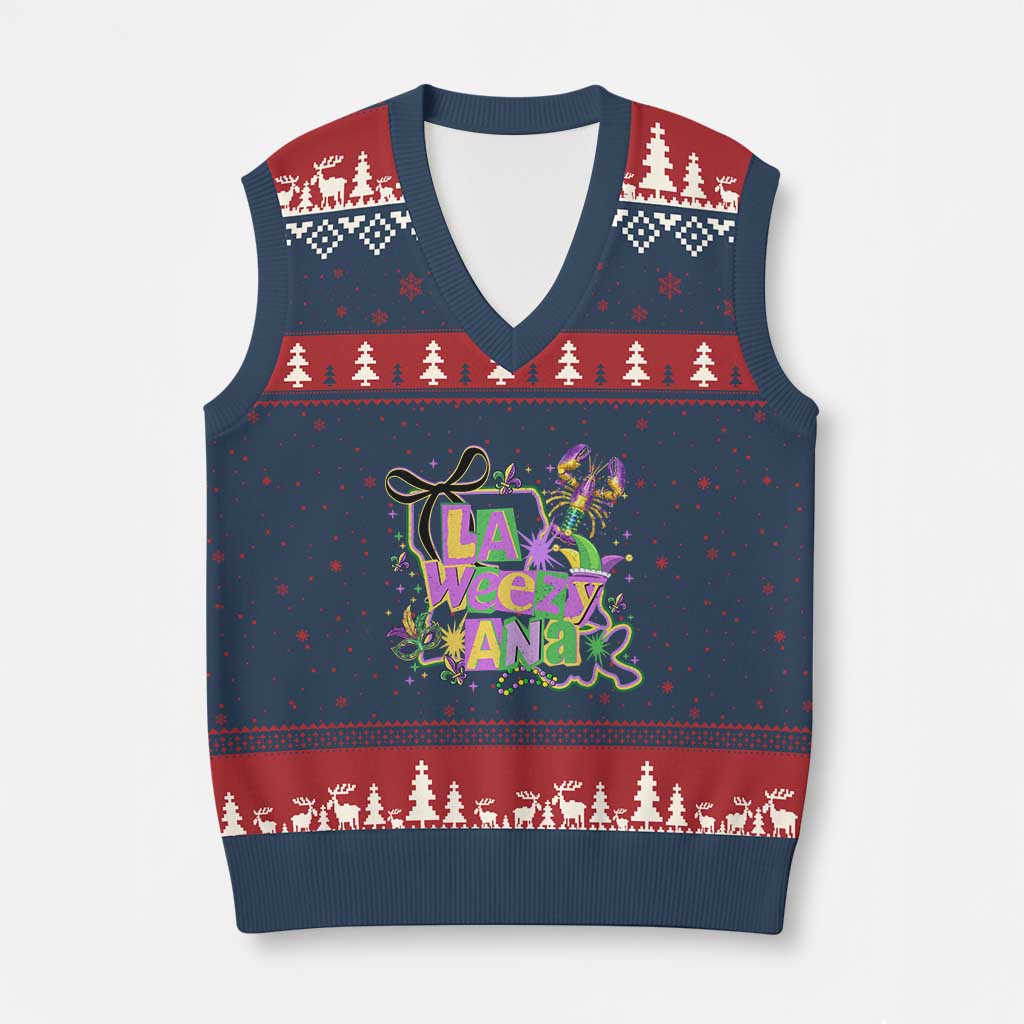 Funny Mardi Gras La Weezy Ana V-Neck Knit Sweater Vest New Orleans Festival Louisiana Map