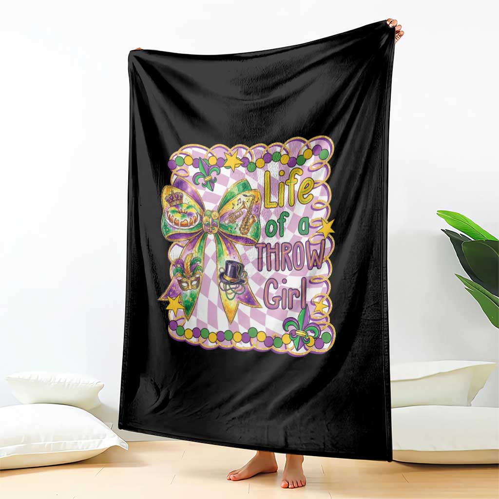 Funny Mardi Gras Throw Girl Life Throw Blanket Coquette Bow Carnival