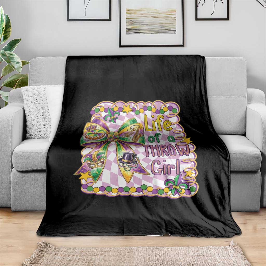 Funny Mardi Gras Throw Girl Life Throw Blanket Coquette Bow Carnival