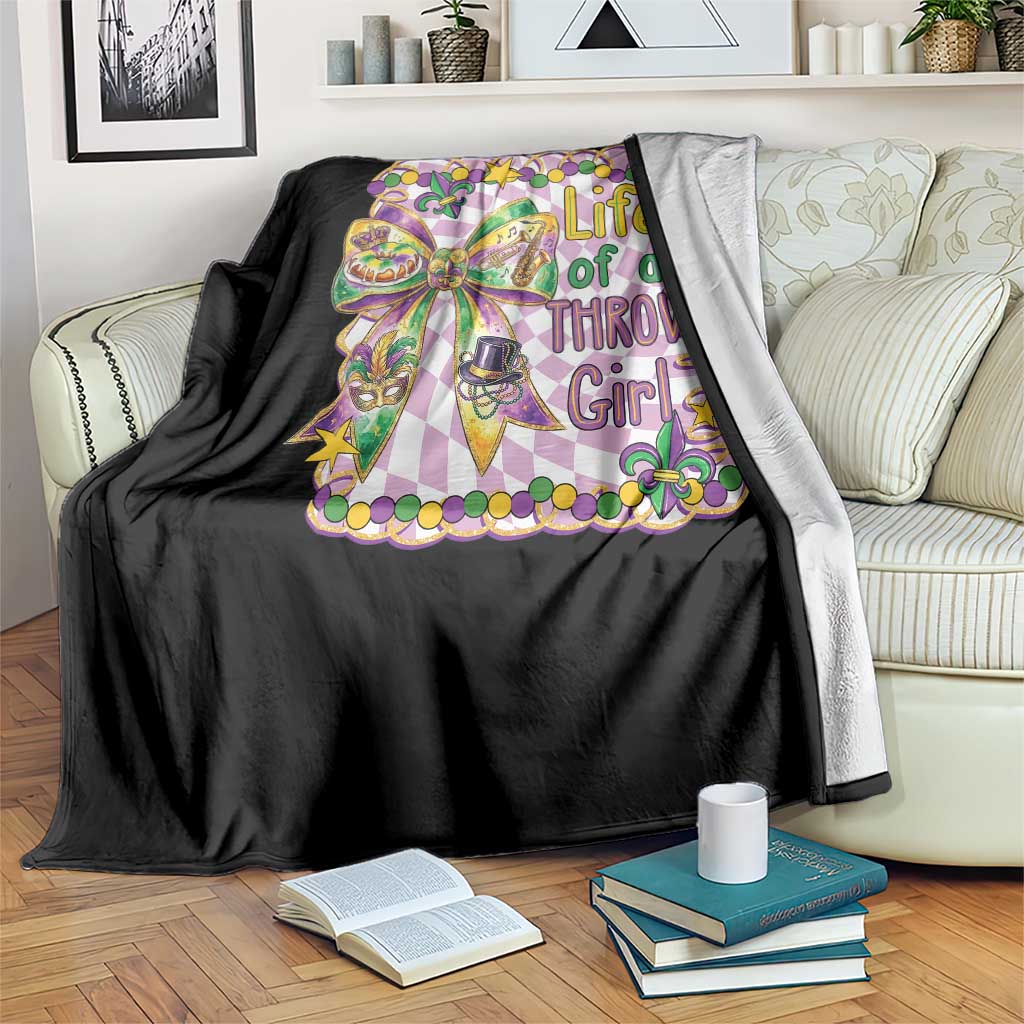 Funny Mardi Gras Throw Girl Life Throw Blanket Coquette Bow Carnival