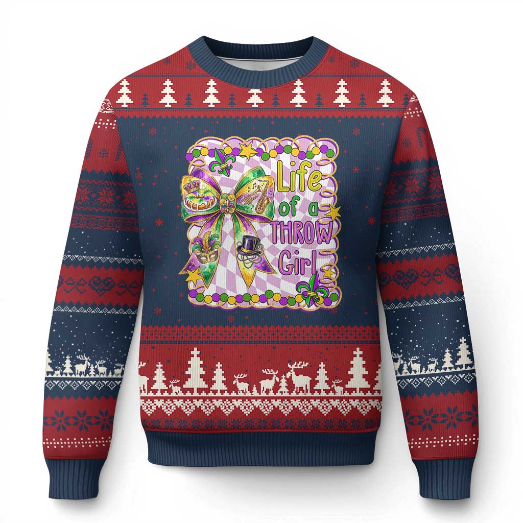 Funny Mardi Gras Throw Girl Life Ugly Christmas Sweater Coquette Bow Carnival