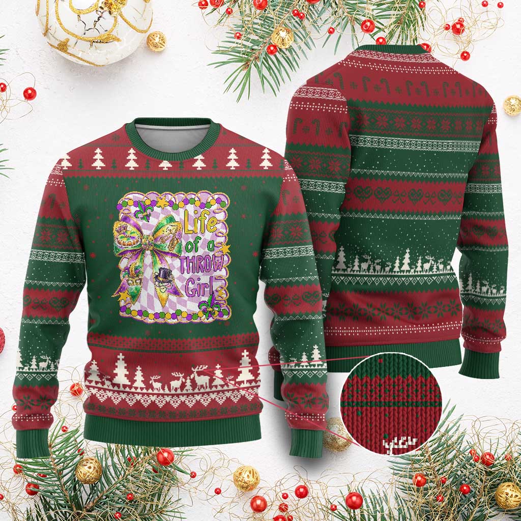 Funny Mardi Gras Throw Girl Life Ugly Christmas Sweater Coquette Bow Carnival