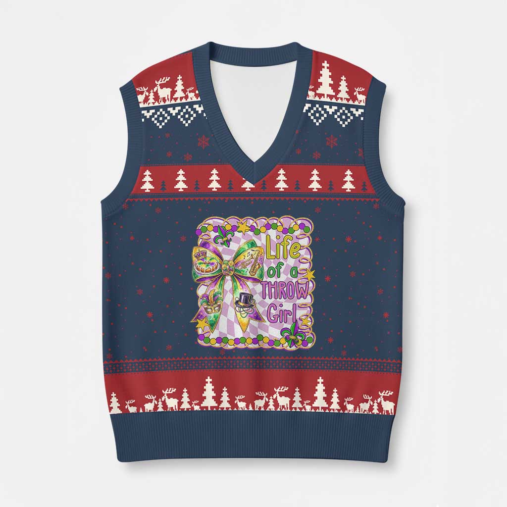 Funny Mardi Gras Throw Girl Life V-Neck Knit Sweater Vest Coquette Bow Carnival