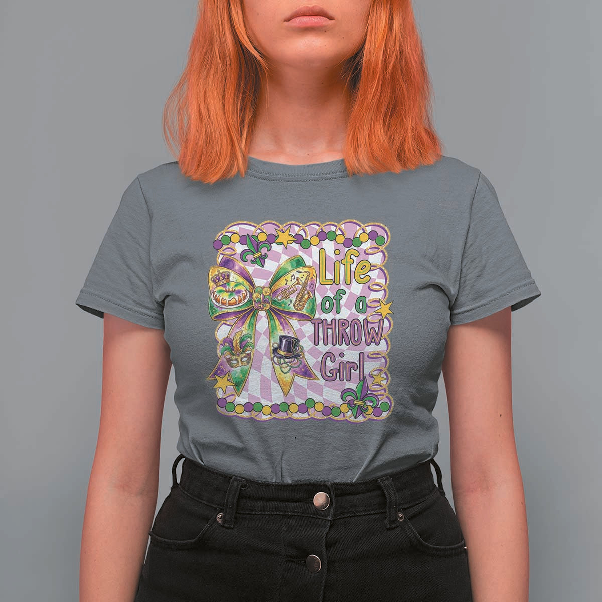 Funny Mardi Gras Throw Girl Life T Shirt For Women Coquette Bow Carnival
