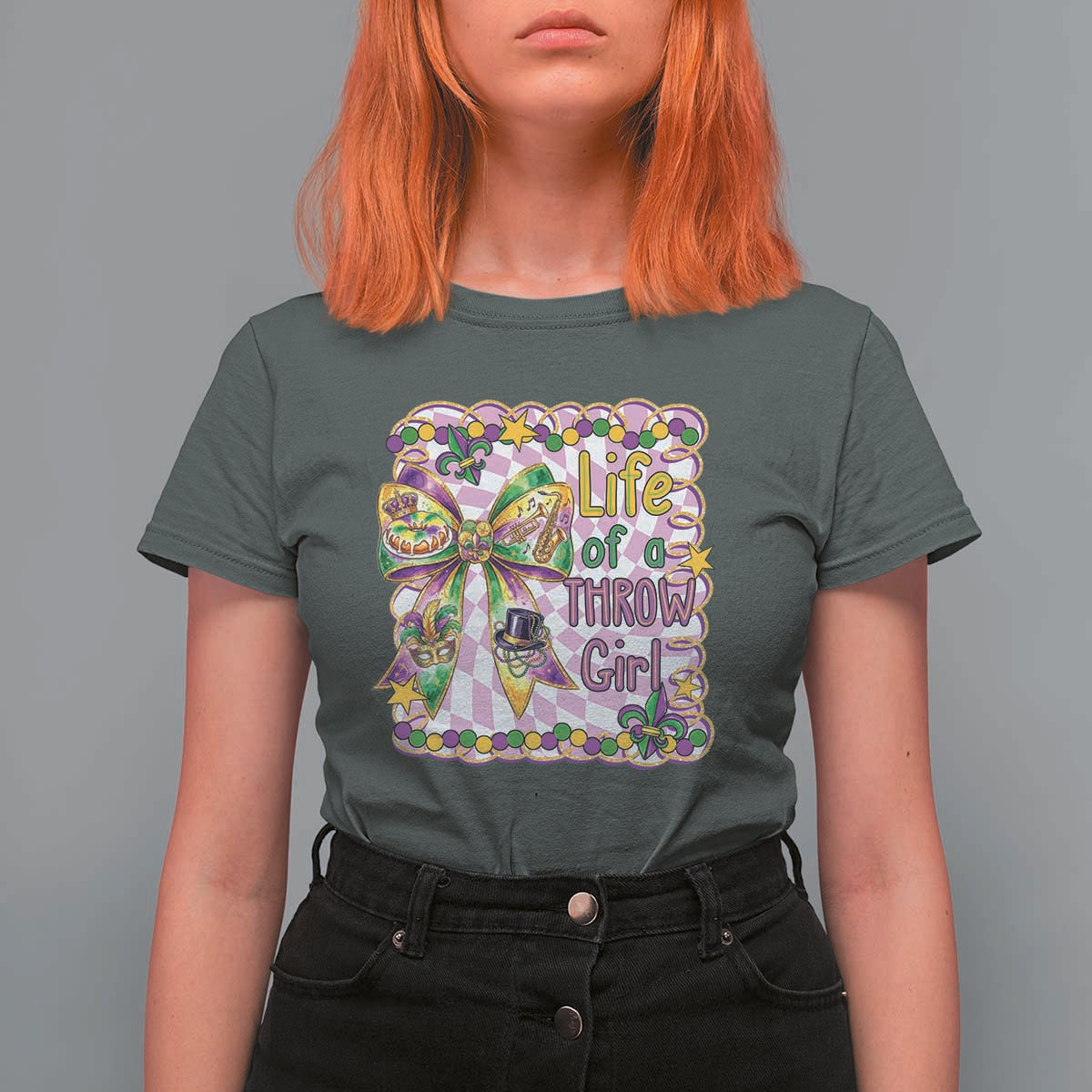Funny Mardi Gras Throw Girl Life T Shirt For Women Coquette Bow Carnival