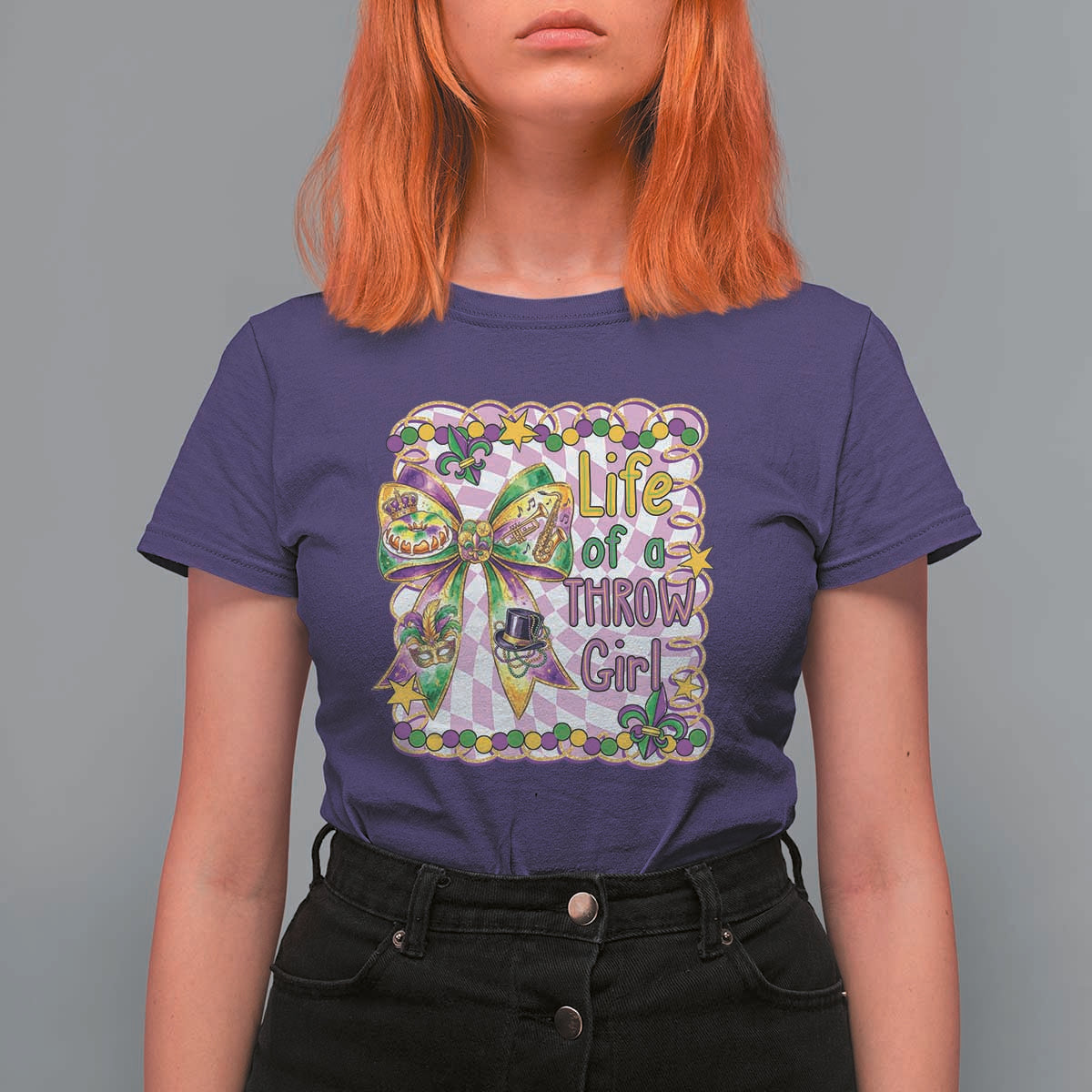 Funny Mardi Gras Throw Girl Life T Shirt For Women Coquette Bow Carnival