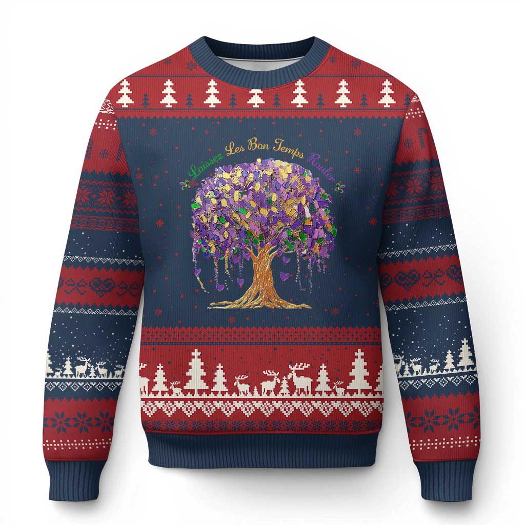 Mardi Gras Tree Brushstroke Graphic Ugly Christmas Sweater Laissez Les Bon Temps Rouler