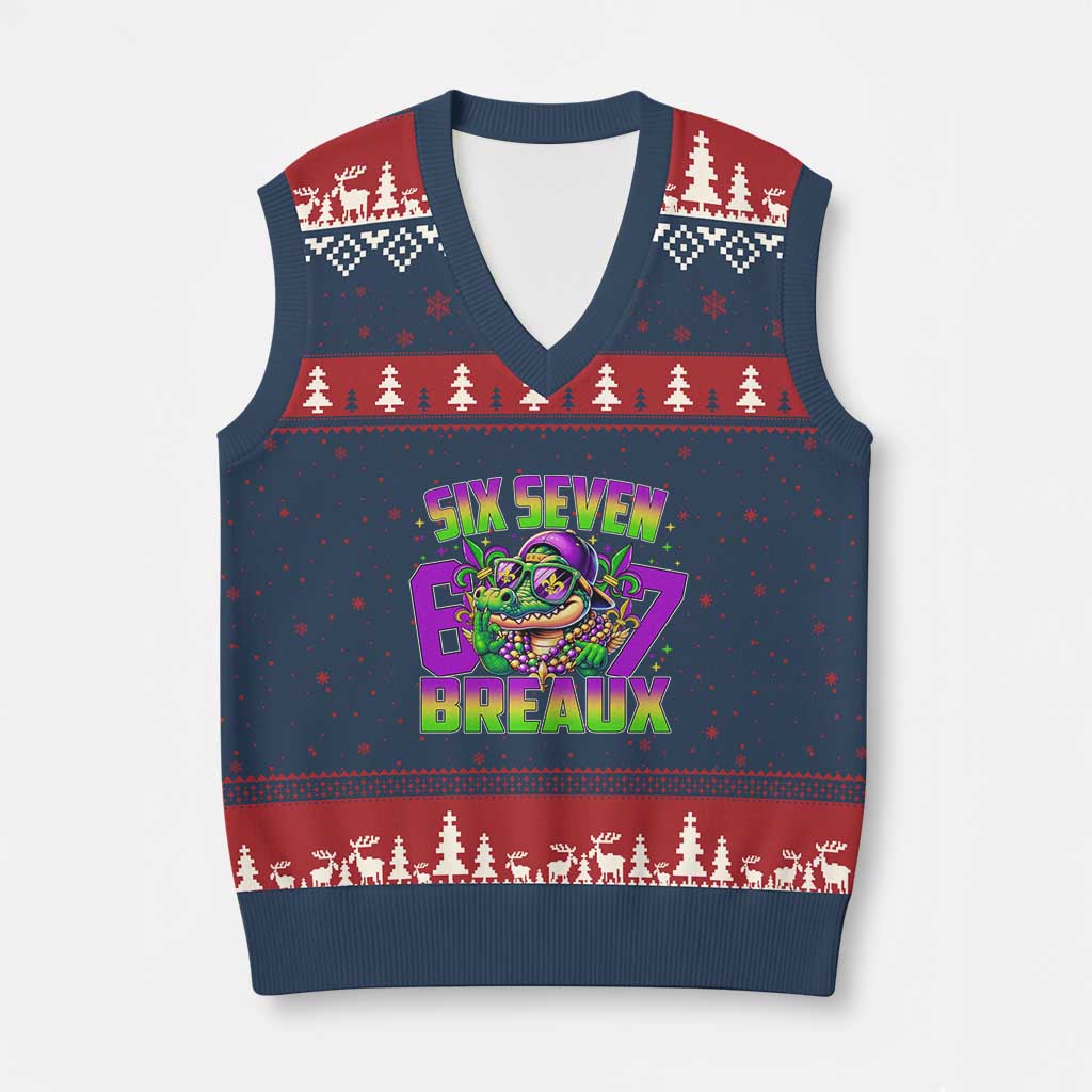 Mardi Gras Six Seven Breaux V-Neck Knit Sweater Vest Funny Mardigator Alligator 6 7 Meme