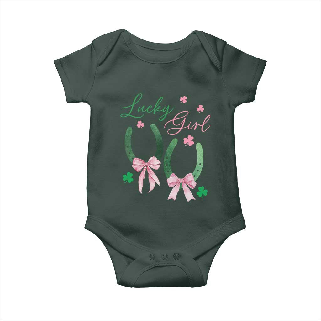 Funny St Patrick's Day Coquette Baby Onesie Lucky Girl Horseshoe Pink Bow