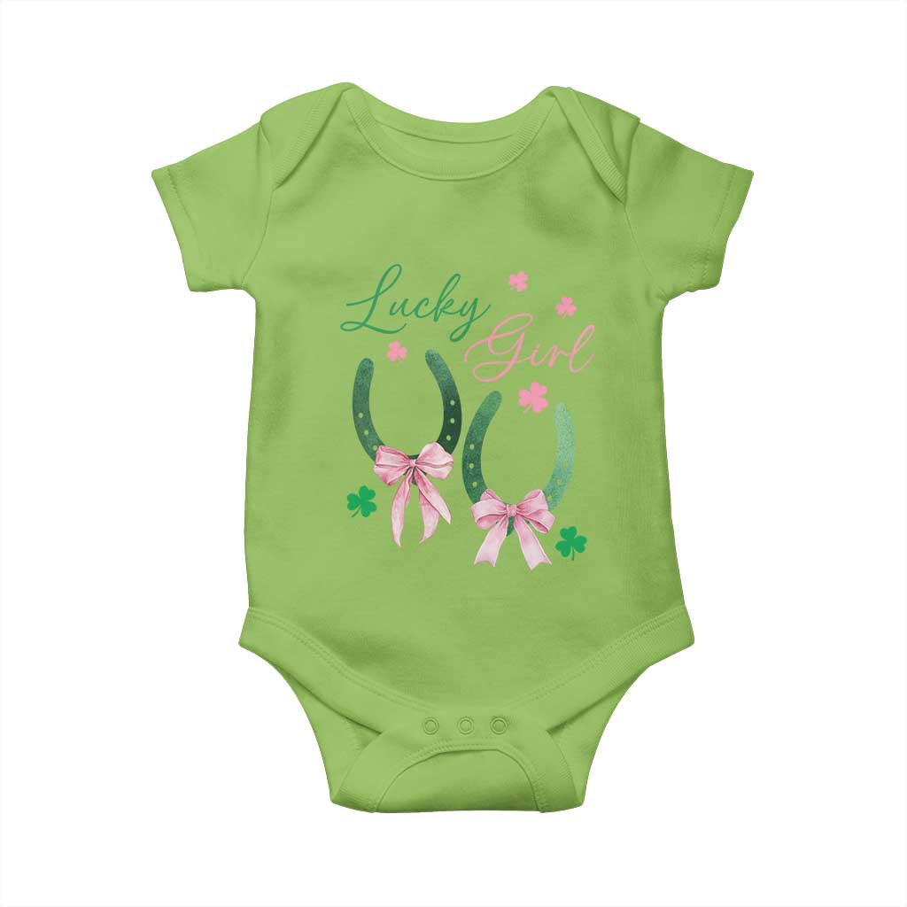 Funny St Patrick's Day Coquette Baby Onesie Lucky Girl Horseshoe Pink Bow