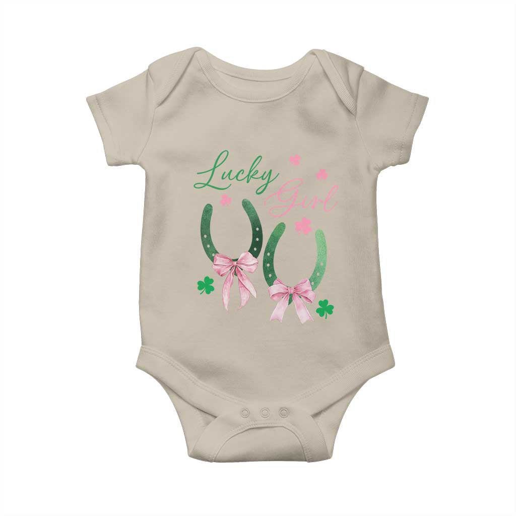 Funny St Patrick's Day Coquette Baby Onesie Lucky Girl Horseshoe Pink Bow
