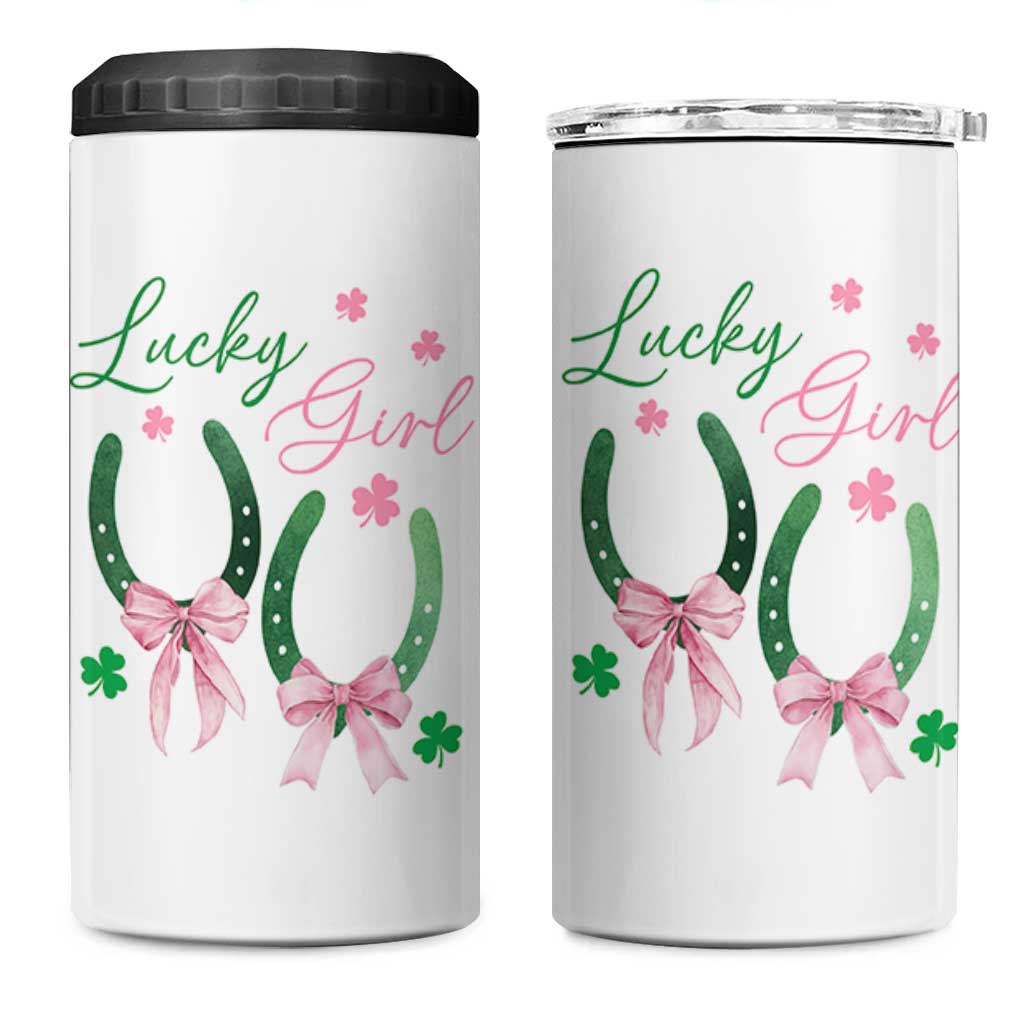 Funny St Patrick's Day Coquette 4 in 1 Can Cooler Tumbler Lucky Girl Horseshoe Pink Bow