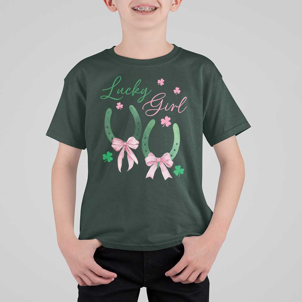 Funny St Patrick's Day Coquette T Shirt For Kid Lucky Girl Horseshoe Pink Bow