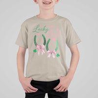 Funny St Patrick's Day Coquette T Shirt For Kid Lucky Girl Horseshoe Pink Bow
