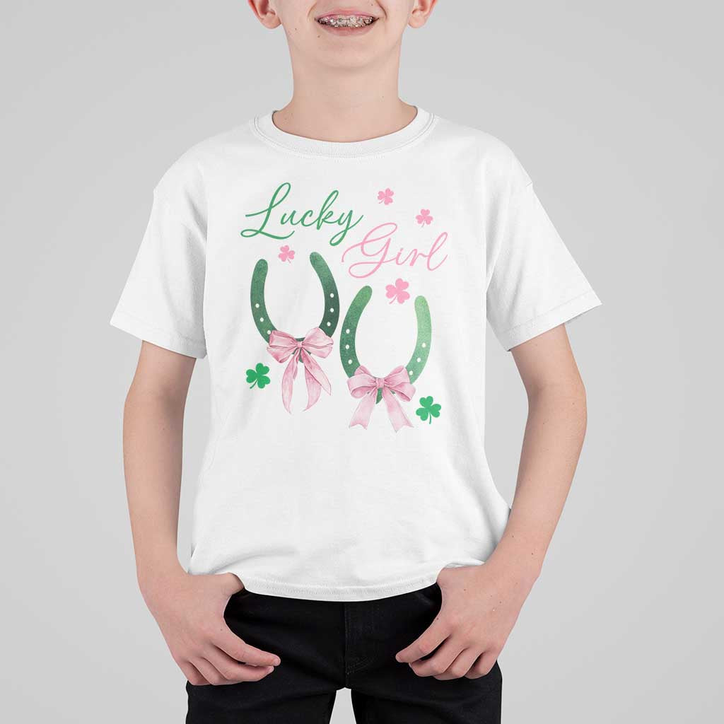 Funny St Patrick's Day Coquette T Shirt For Kid Lucky Girl Horseshoe Pink Bow