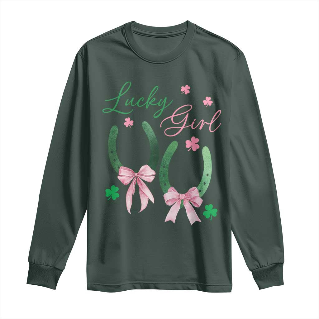 Funny St Patrick's Day Coquette Long Sleeve Shirt Lucky Girl Horseshoe Pink Bow