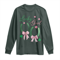 Funny St Patrick's Day Coquette Long Sleeve Shirt Lucky Girl Horseshoe Pink Bow