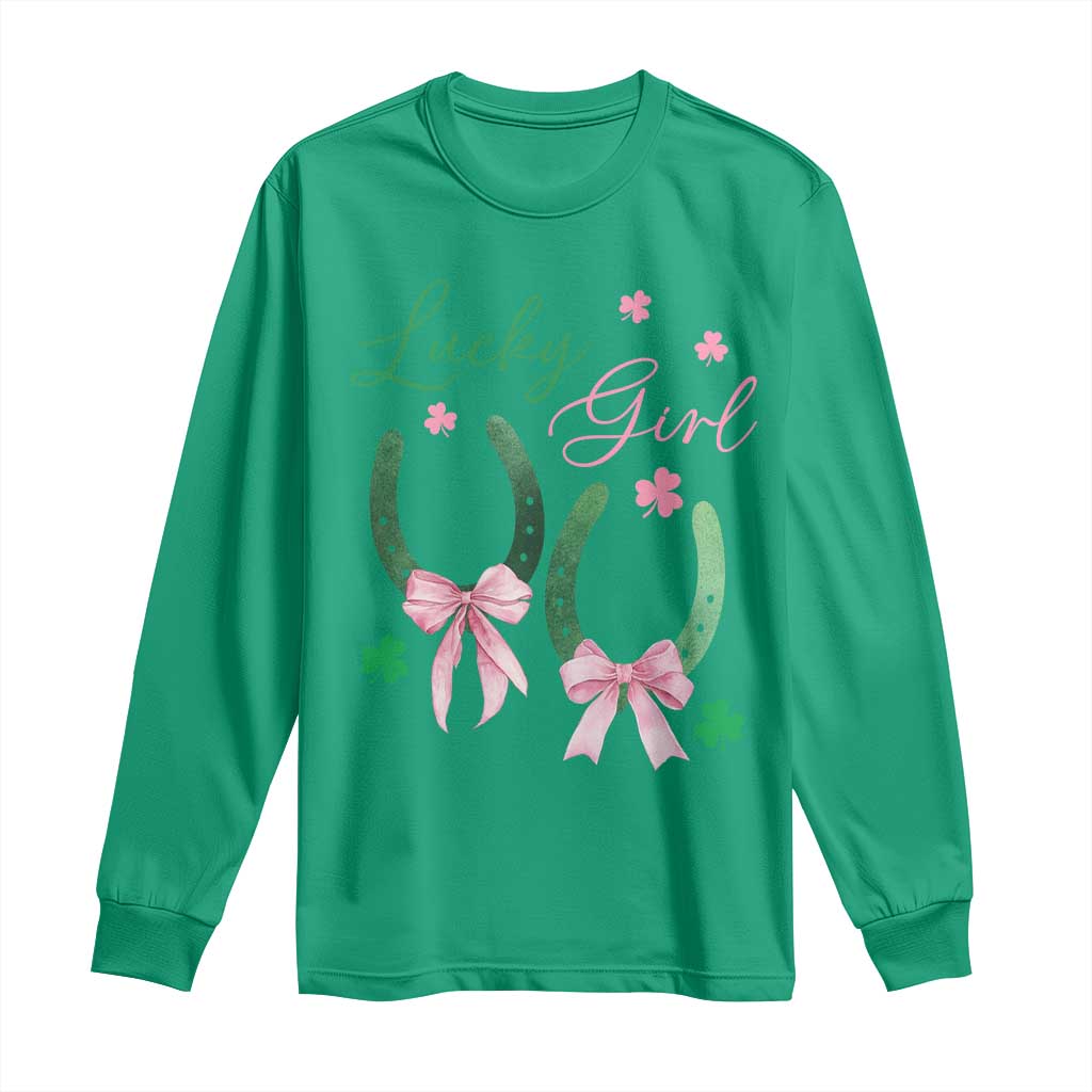 Funny St Patrick's Day Coquette Long Sleeve Shirt Lucky Girl Horseshoe Pink Bow