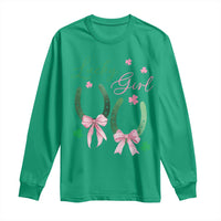 Funny St Patrick's Day Coquette Long Sleeve Shirt Lucky Girl Horseshoe Pink Bow