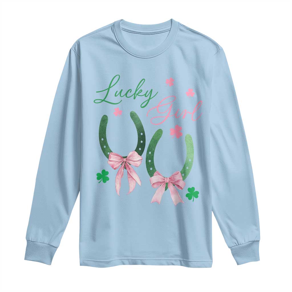 Funny St Patrick's Day Coquette Long Sleeve Shirt Lucky Girl Horseshoe Pink Bow