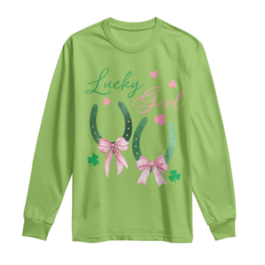 Funny St Patrick's Day Coquette Long Sleeve Shirt Lucky Girl Horseshoe Pink Bow