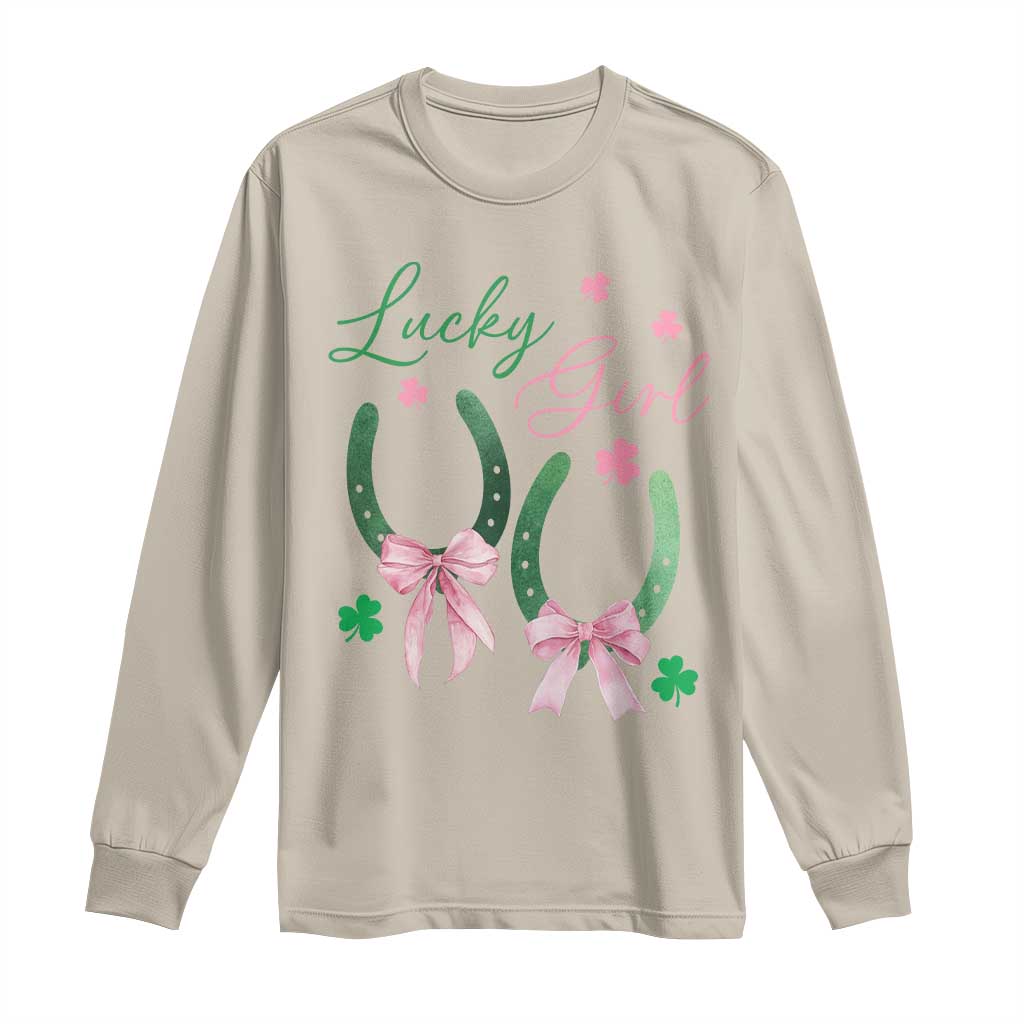 Funny St Patrick's Day Coquette Long Sleeve Shirt Lucky Girl Horseshoe Pink Bow
