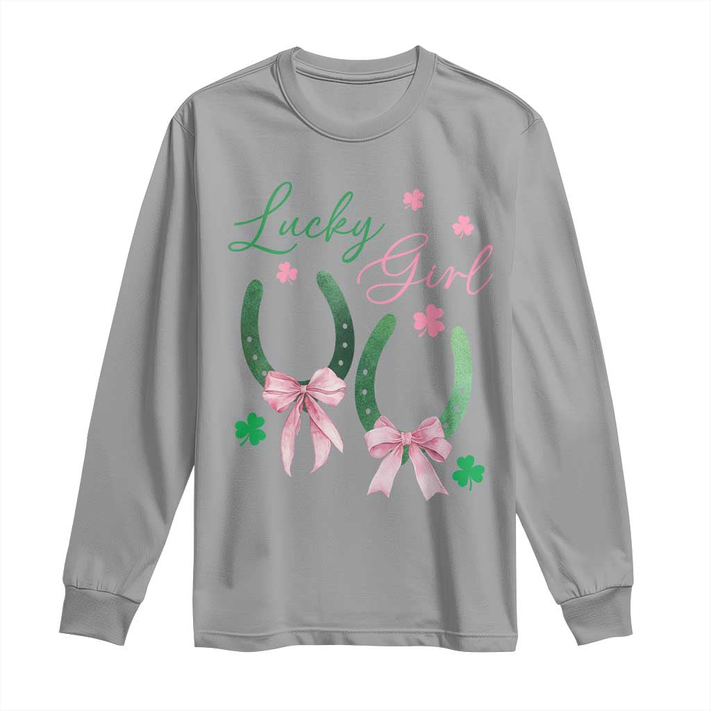 Funny St Patrick's Day Coquette Long Sleeve Shirt Lucky Girl Horseshoe Pink Bow