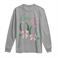 Funny St Patrick's Day Coquette Long Sleeve Shirt Lucky Girl Horseshoe Pink Bow