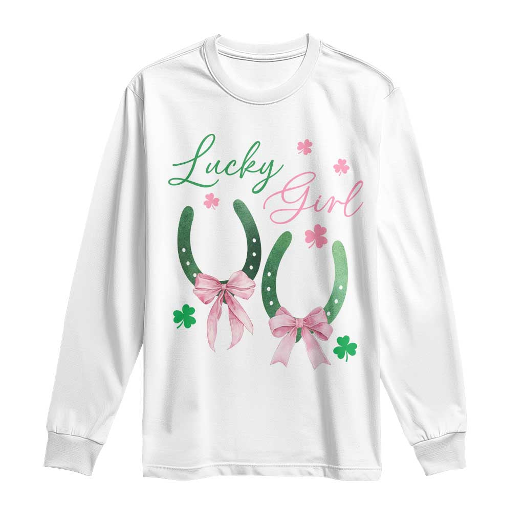 Funny St Patrick's Day Coquette Long Sleeve Shirt Lucky Girl Horseshoe Pink Bow