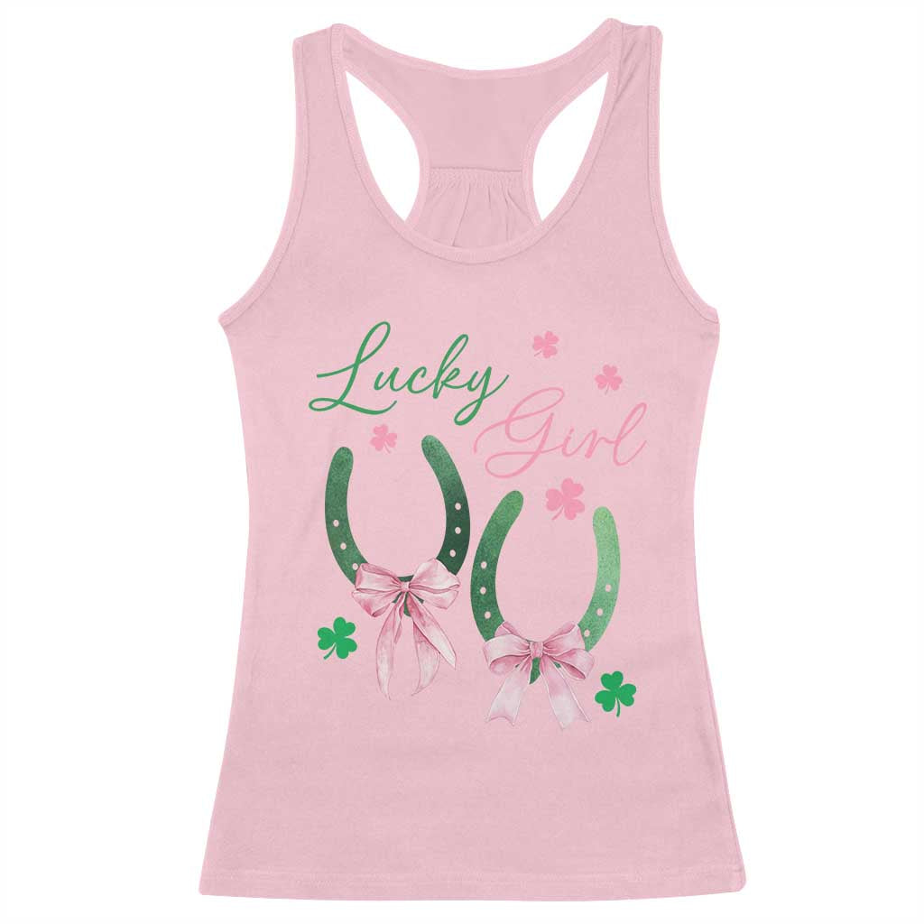 Funny St Patrick's Day Coquette Racerback Tank Top Lucky Girl Horseshoe Pink Bow