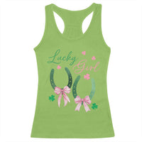 Funny St Patrick's Day Coquette Racerback Tank Top Lucky Girl Horseshoe Pink Bow